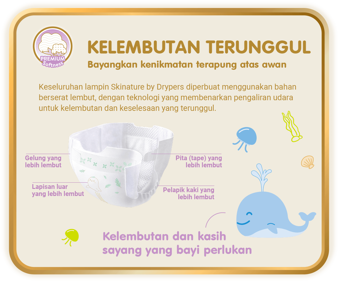  Premium Softness - Kelembutan Terunggul, Bayangkan kenikmatan terapung atas awan: Keseluruhan lampin Skinature by Drypers diperbuat menggunakan bahan berserat lembut, dengan teknologi yang membenarkan pengaliran udara untuk kelembutan dan keselesaan yang terunggul.