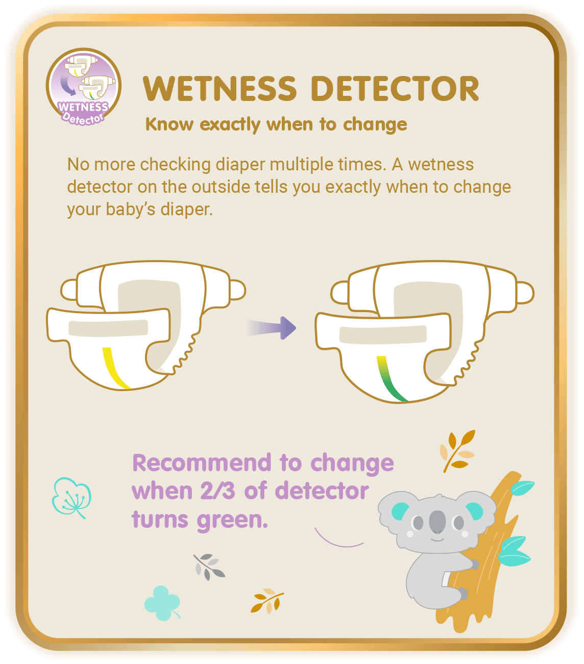 Wetness Detector, Know exactly when to change: No more checking diaper multiple times. A wetness detector on the outside tells you exactly when to change your baby’s diaper.