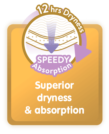 12 hrs Dryness, SPEEDY Absorption: Superior dryness & absorption