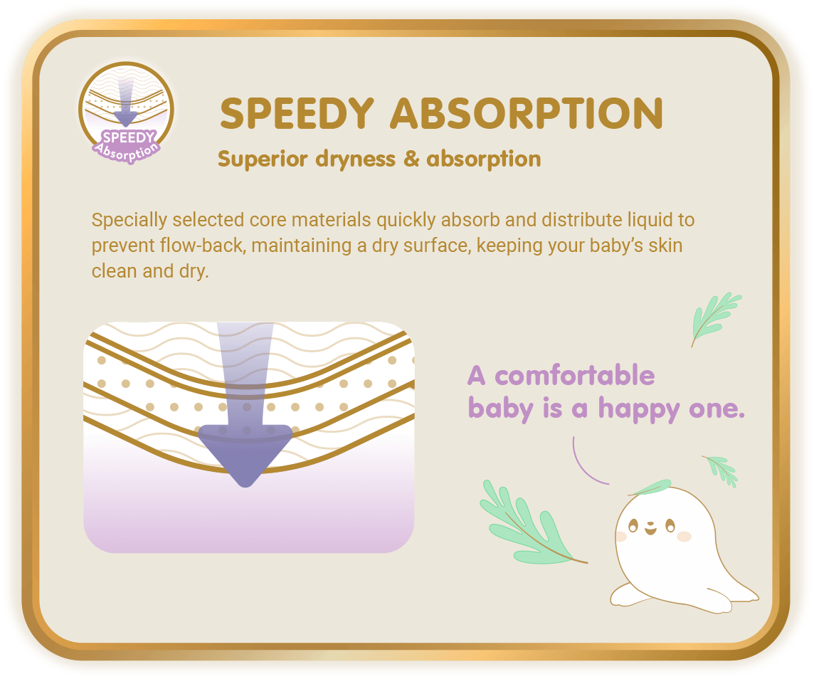 Speedy Absorption, Superior dryness & absorption: Specially selected core materials quickly absorb and distribute liquid to prevent flow-back, maintaining a dry surface, keeping your baby’s skin clean and dry.